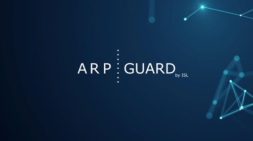 ARP-GUARD Logo by ISL vor blauem digitalem Netzwerk-Hintergrund mit Verbindungspunkten – Lösung für NAC und Zero Trust